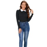 Turn Down Collar Ribbed Solid Long Sleeve Bodysuit