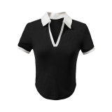 Contrast Color Turn Down Collar Short Sleeve Sports Top