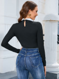 Turn Down Collar Ribbed Solid Long Sleeve Bodysuit