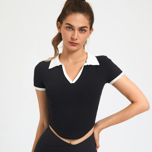 Contrast Color Turn Down Collar Short Sleeve Sports Top