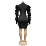 Feather Trim Black Mesh Rhinestone Long Sleeve Bodycon Dress