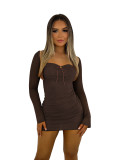 Solid Square Neck Long Sleeve Sexy Mini Dress