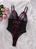 Floral Embroidered Mesh Patchwork Sexy V Neck Hollow Out Bodysuit Womens Lingerie