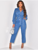 Fashion Sexy Pocket Belted Wide Leg Denim Jumpsuit