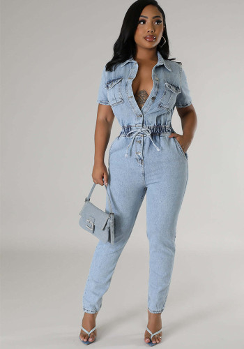 Stretchy Drawstring Washed Denim Short Sleeve Jumpsuit