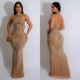 Solid Mesh Rhinestone Halter Neck Maxi Dress
