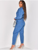 Fashion Sexy Pocket Belted Wide Leg Denim Jumpsuit