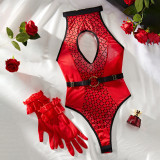 Red & Black Printing Mesh Patchwork Hollow Halter Belted Sexy Teedy Lingerie Bodysuit