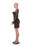 Solid Square Neck Long Sleeve Sexy Mini Dress