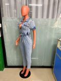 Stretchy Drawstring Washed Denim Short Sleeve Jumpsuit
