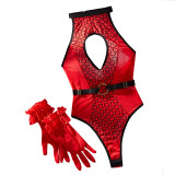 Red & Black Printing Mesh Patchwork Hollow Halter Belted Sexy Teedy Lingerie Bodysuit