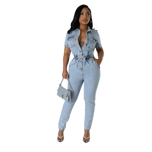 Stretchy Drawstring Washed Denim Short Sleeve Jumpsuit
