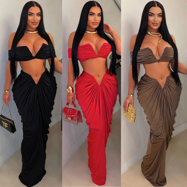 Sexy Off Shoulder Crop Top and Pleated Skirt 2PCS Set