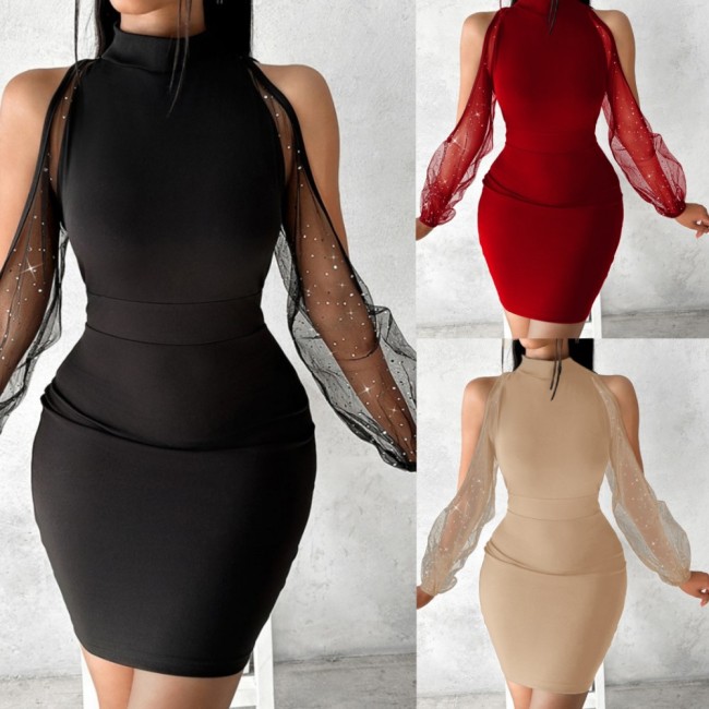 High Neck Lace Long Sleeve Cold Shoulder Bodycon Dress