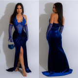 Fashion Women's Solid Halter Neck Slit Sexy Long Dress with Gloves