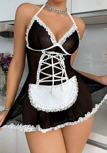 Sexy Game Uniform Maid Lingerie See Through Halter Nightdress
