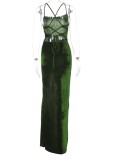 Green Velvet Cami Slit Long Evening Dress