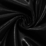 Black Shiny Long-Sleeved Zipper Crop Top Elastic Waist Shorts 2PCS Set