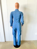 Blue Fashion Long Sleeve Pockets Washed Denim Cargo Jumpsuit