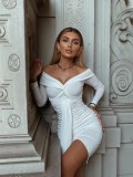 Solid Long Sleeve V-Neck Off Shoulder Pleated Bodycon Dress