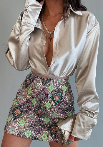 Women Chic Turndown Collar Long Sleeve Button Satin Shirt