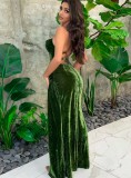 Green Velvet Cami Slit Long Evening Dress