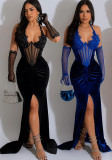 Fashion Women's Solid Halter Neck Slit Sexy Long Dress with Gloves