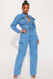 Blue Fashion Long Sleeve Pockets Washed Denim Cargo Jumpsuit