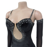 Solid Sexy Strapless Beaded Maxi Dress with Gloves