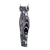 Sexy Black & White Printed Backless Hollow Slit Cami Long Dress