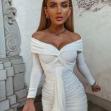 Solid Long Sleeve V-Neck Off Shoulder Pleated Bodycon Dress