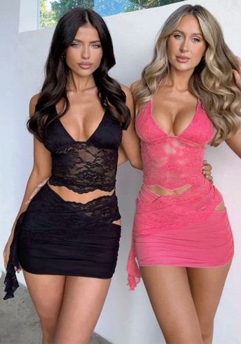 Sexy See-Through Cami Top Hollowed Lace Patchwork Bodycon Mini Skirt Set