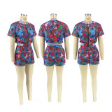 Fashion Print Floral Casual Short Sleeve Zipper Top and Shorts 2PCS Set