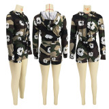 Trendy Floral Print Long Sleeve Zipper Hooded Jacket and Shorts 2PCS Set