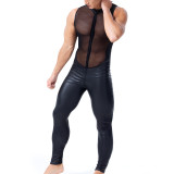 Men's Lingerie Sexy PU Leather Mesh Patchwork Jumpsuit Nightclub Costume