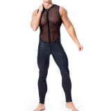 Men's Lingerie Sexy PU Leather Mesh Patchwork Jumpsuit Nightclub Costume