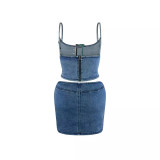 Denim Two Piece Skirt Set Buckle Cut Out Camisole and Skirt