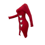 Sexy Solid Long Sleeve Cutout Heart Beaded Bodycon Dress