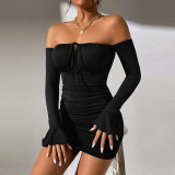 Solid Bell Bottom Long Sleeve Off Shoulder Bodycon Pleated Dress