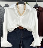 Women Chic Turndown Collar Long Sleeve Button Satin Shirt