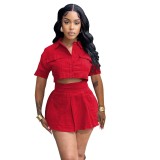 Solid Short Sleeve Cargo Two Piece Skirt Set