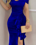 Blue Off Shoulder Velvet Ruffle Slit Long Dress