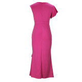 Hot Pink Elegant Round Neck Ruffles Slit Maxi Dress
