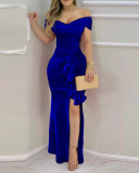 Blue Off Shoulder Velvet Ruffle Slit Long Dress