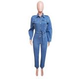 Fashion Sexy Pocket Belted Wide Leg Denim Jumpsuit