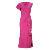 Hot Pink Elegant Round Neck Ruffles Slit Maxi Dress