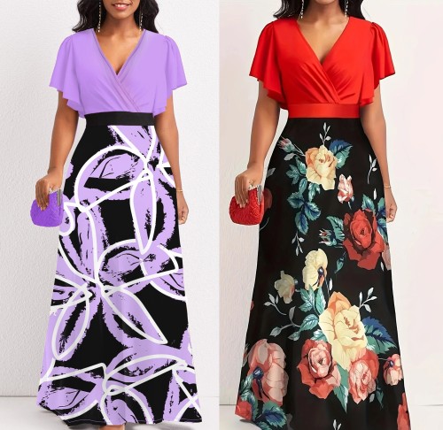 Plus Size Elegant Short Sleeve Patchwork Slim Waist Maxi Dress