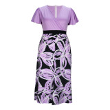 Plus Size Elegant Short Sleeve Patchwork Slim Waist Maxi Dress