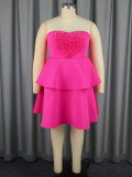 Hot Pink Heart-Decor Strapless Ruffles Layered Dress