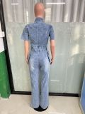 Trendy Wash Denim Short Sleeve Stretch Pocket Flare Jumpsuit